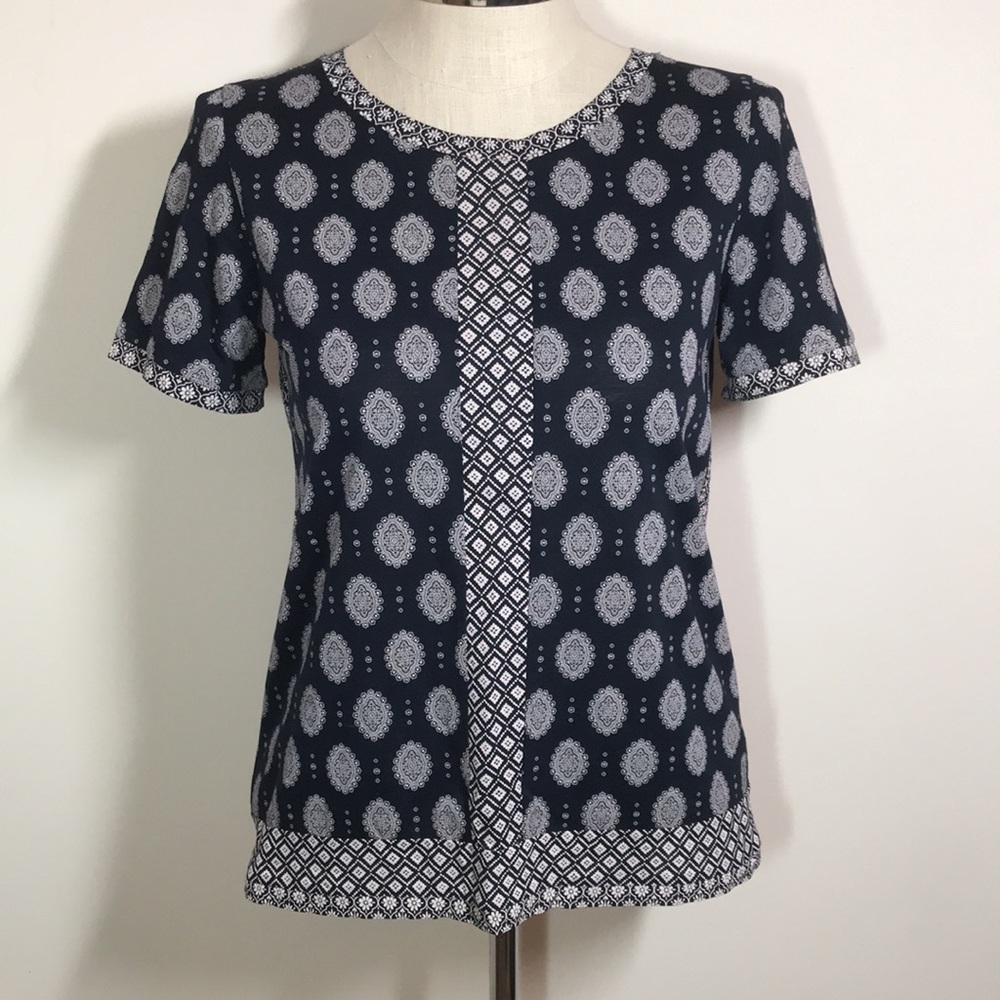 J. Crew Blouse S Navy Blue Block Print Short Sleeves Flowy Top